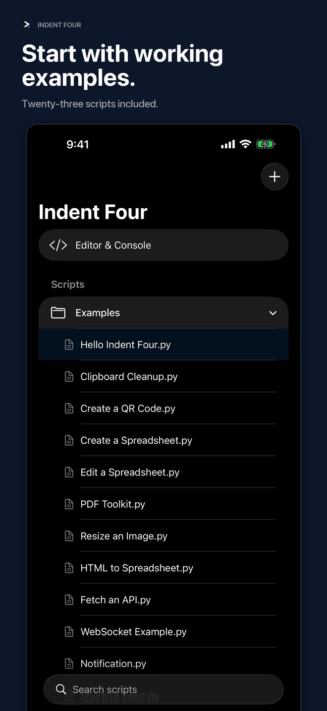 The editable included examples listed in Indent Four on iPhone