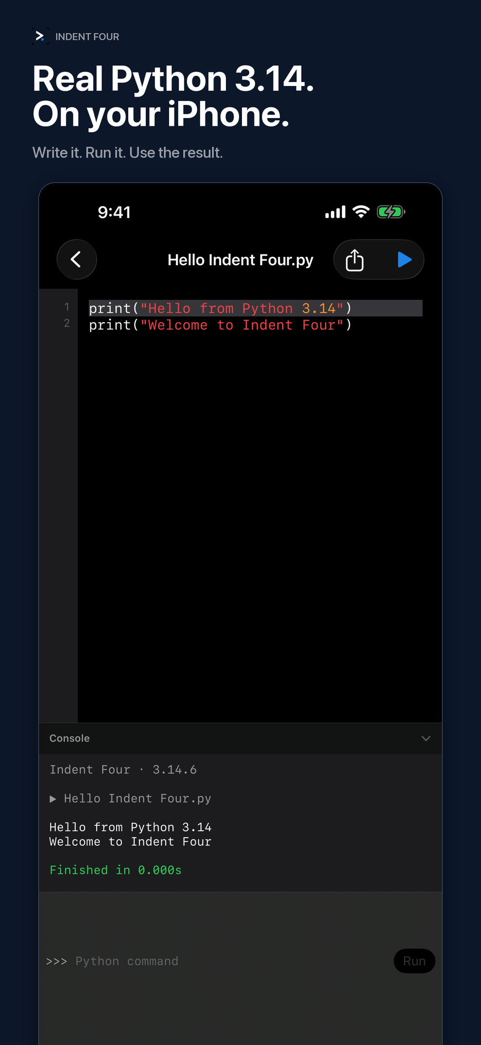 Indent Four running a Python 3.14 script locally on iPhone