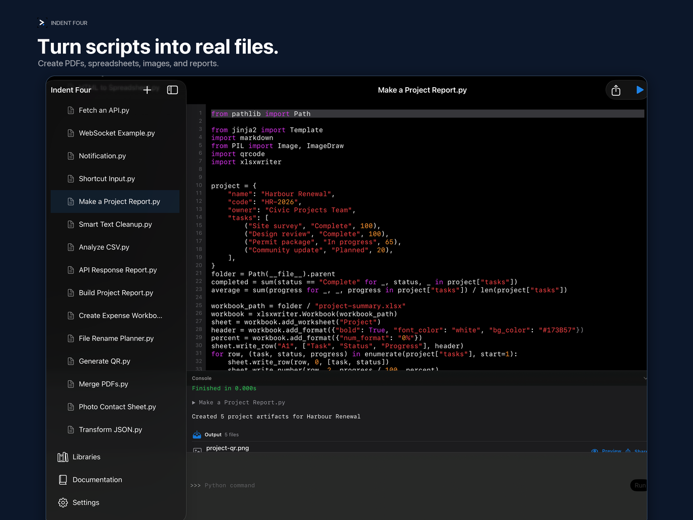 An iPad script producing a multi-file project report with output artifacts