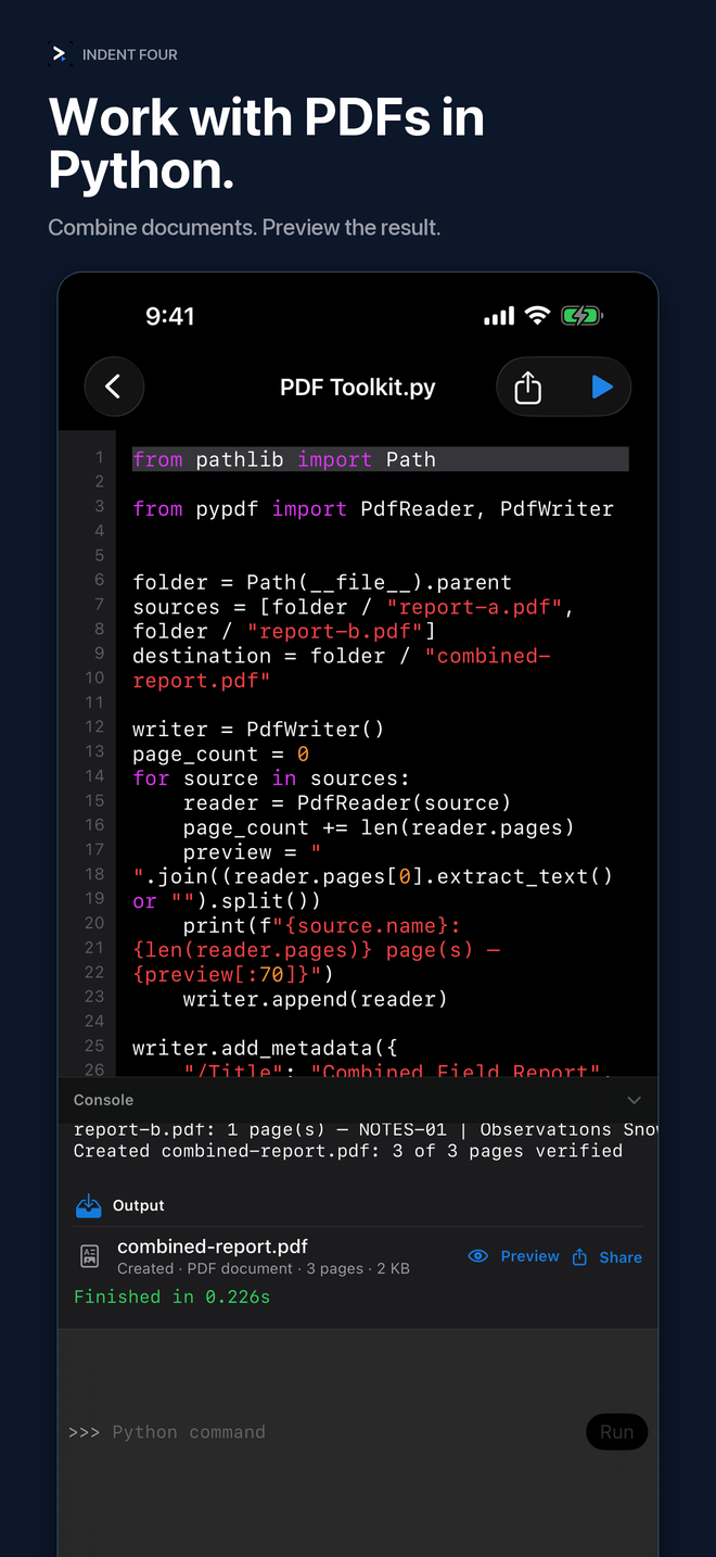 An Indent Four script combining and inspecting PDF files on iPhone