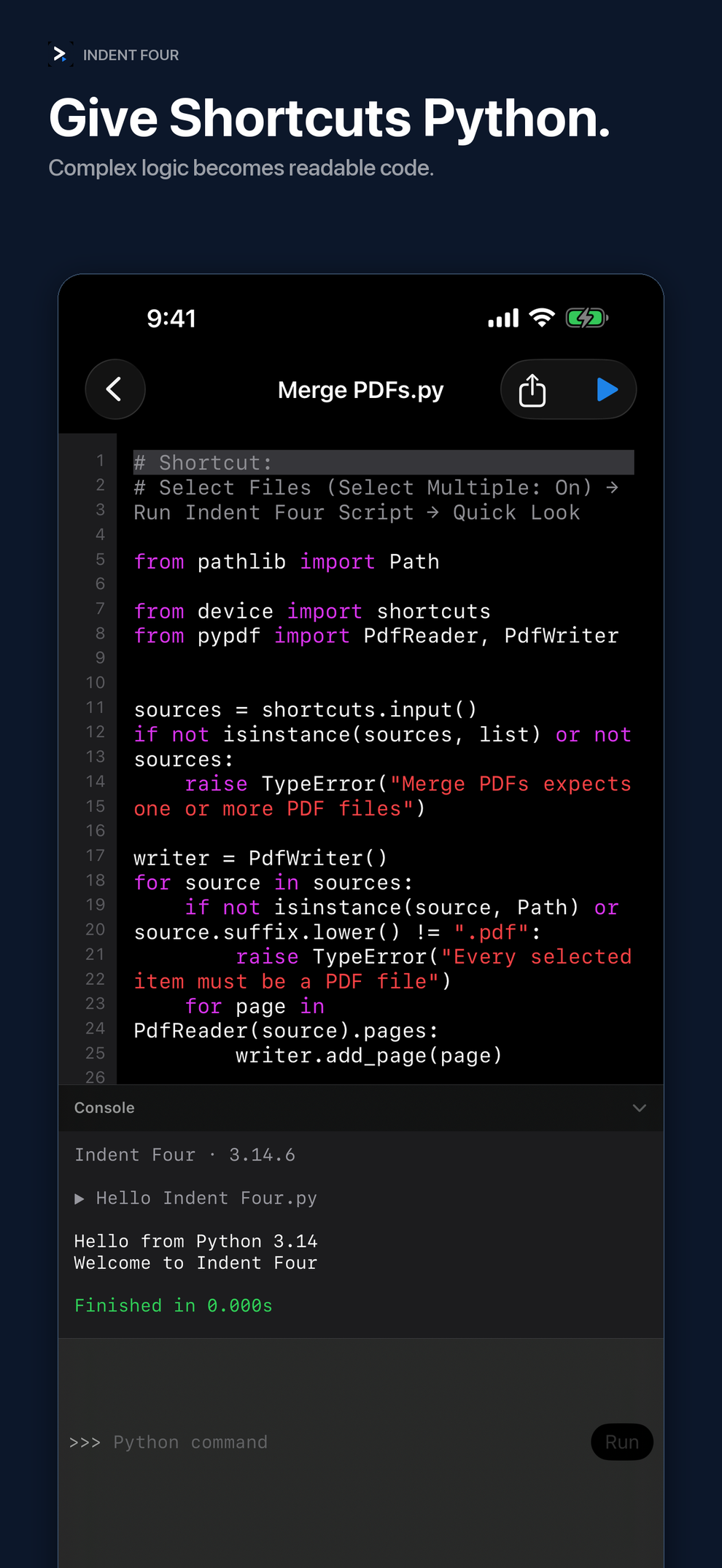 A Python script in Indent Four prepared to receive data from Apple Shortcuts