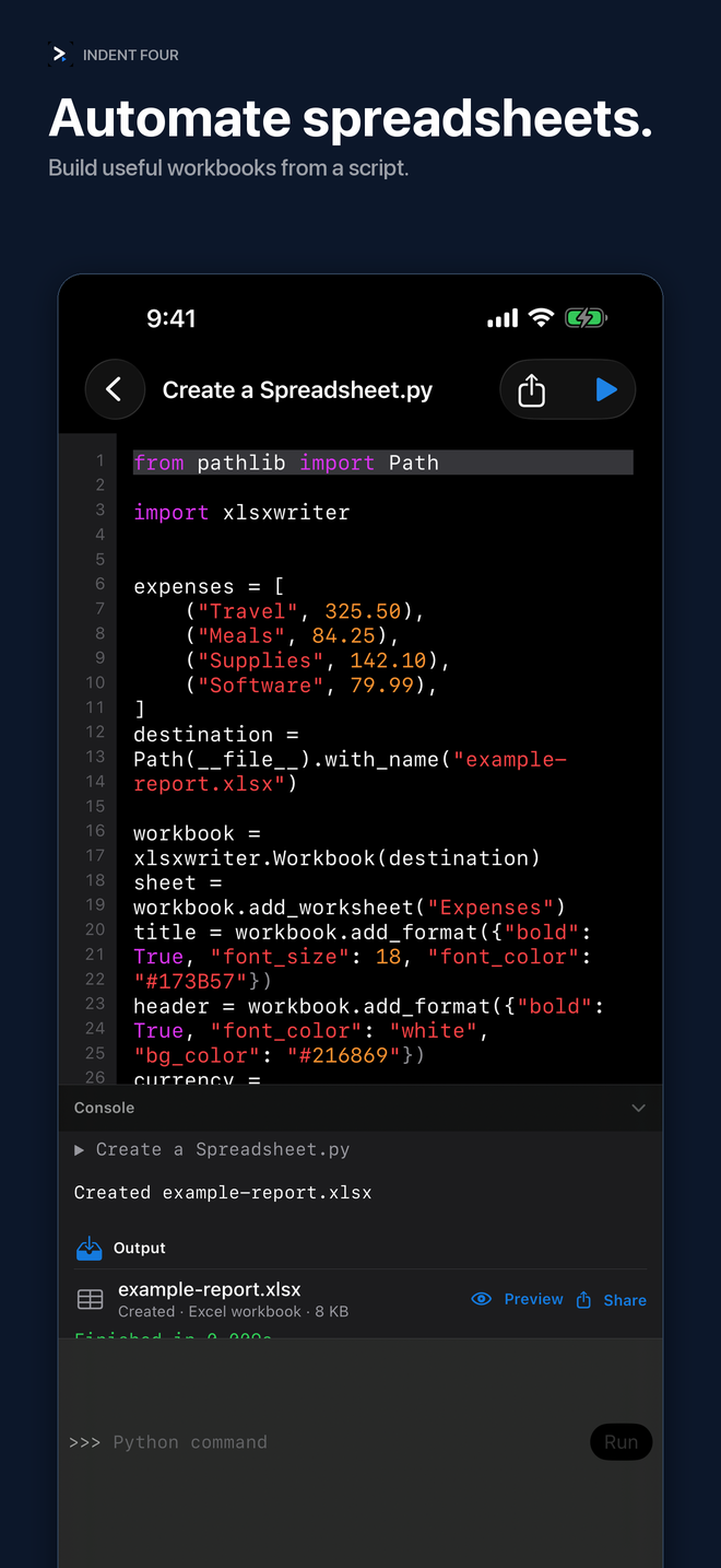 An Indent Four script creating a spreadsheet on iPhone