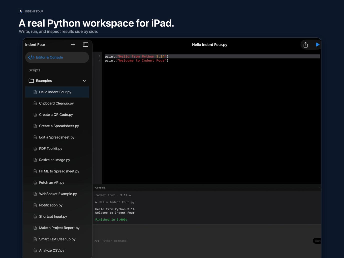 Indent Four’s native editor, scripts sidebar, and integrated console on iPad